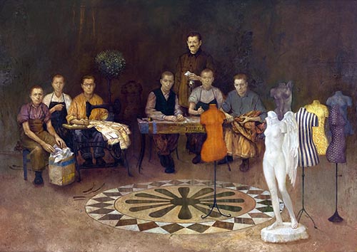 Милан Туцовић - Кројачи (2000 - уље на дрвету - 176x240цм)