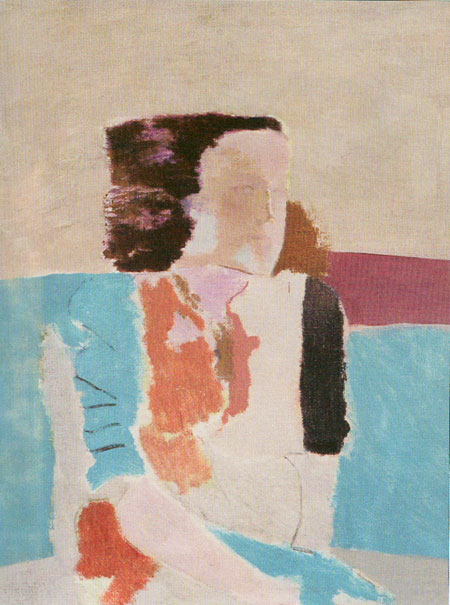 Portret devojke na plavo-zelenom divanu, 1985, ulje na platnu, 35x27cm